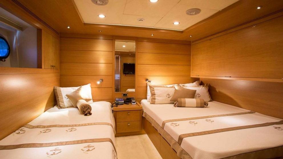The three-person guest cabin of the luxury motor yacht Panfeliss.