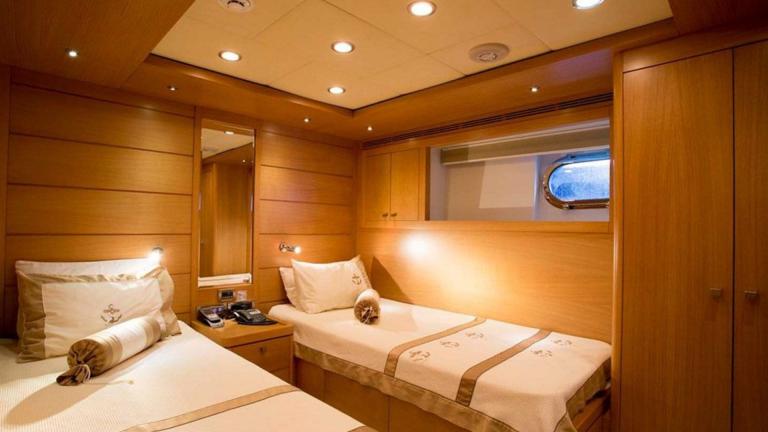 Twin guest cabins of the luxury motor yacht Panfeliss.